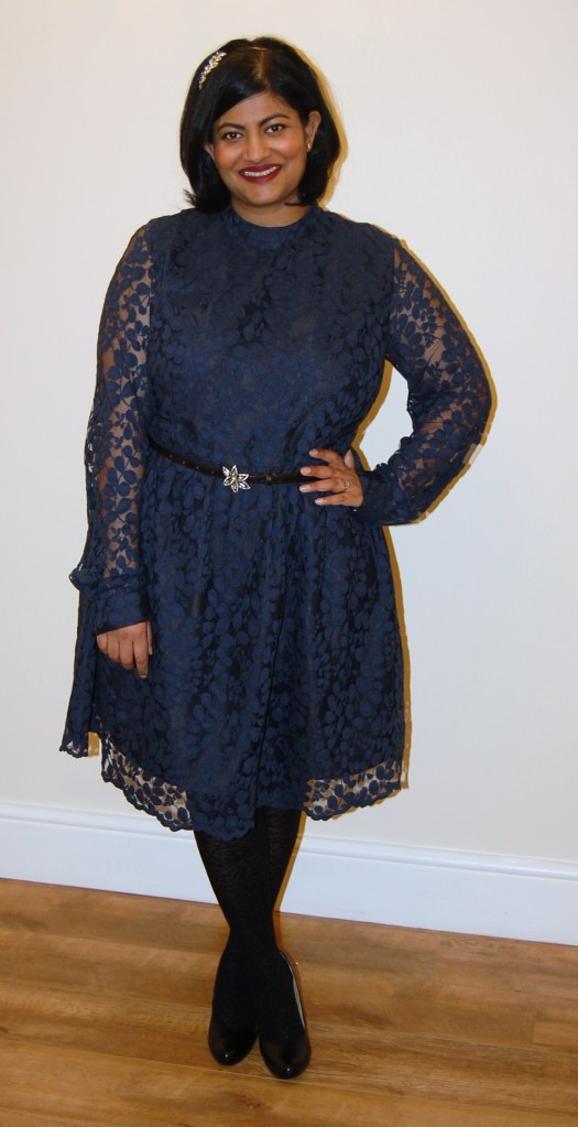 McCalls 6989: navy and black lace dress with cuffed sleeves